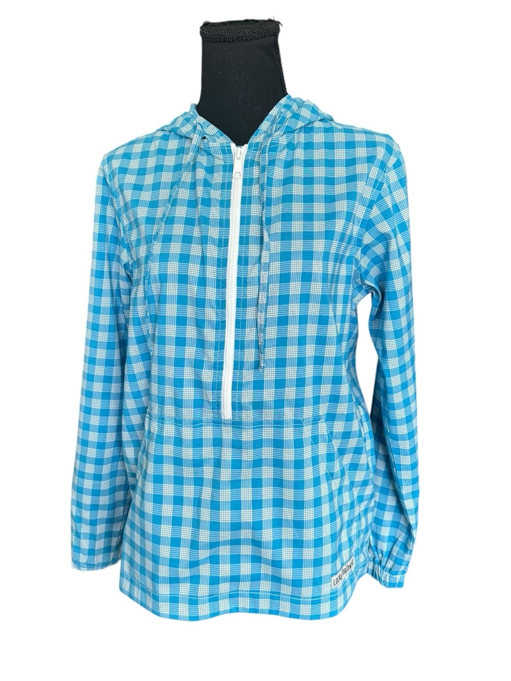KAVU Plaid Half Zip Hooded Pullover XS Blue White Coastal Outdoor Lightweight O9